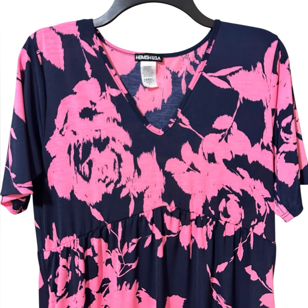 HEMISH U.S.A navy blue & pink v-neck short sleeve ruffle hem loose fit dress M - Picture 3 of 5